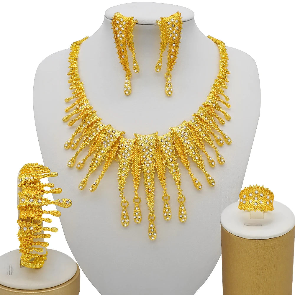 Necklace Sets For Women Dubai African Gold Color Jewelry Set Bride Earrings Rings Indian Nigerian Wedding Jewelery Set Gift
