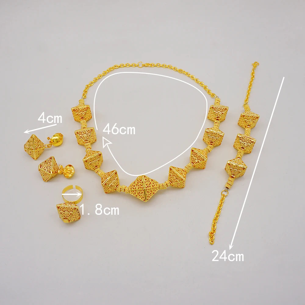 Trendy Nigerian Dubai Gold Color Jewelry Set For Women Tassel Long Chain Bridal Long Necklace Bracelet Earring Ring Wedding Sets