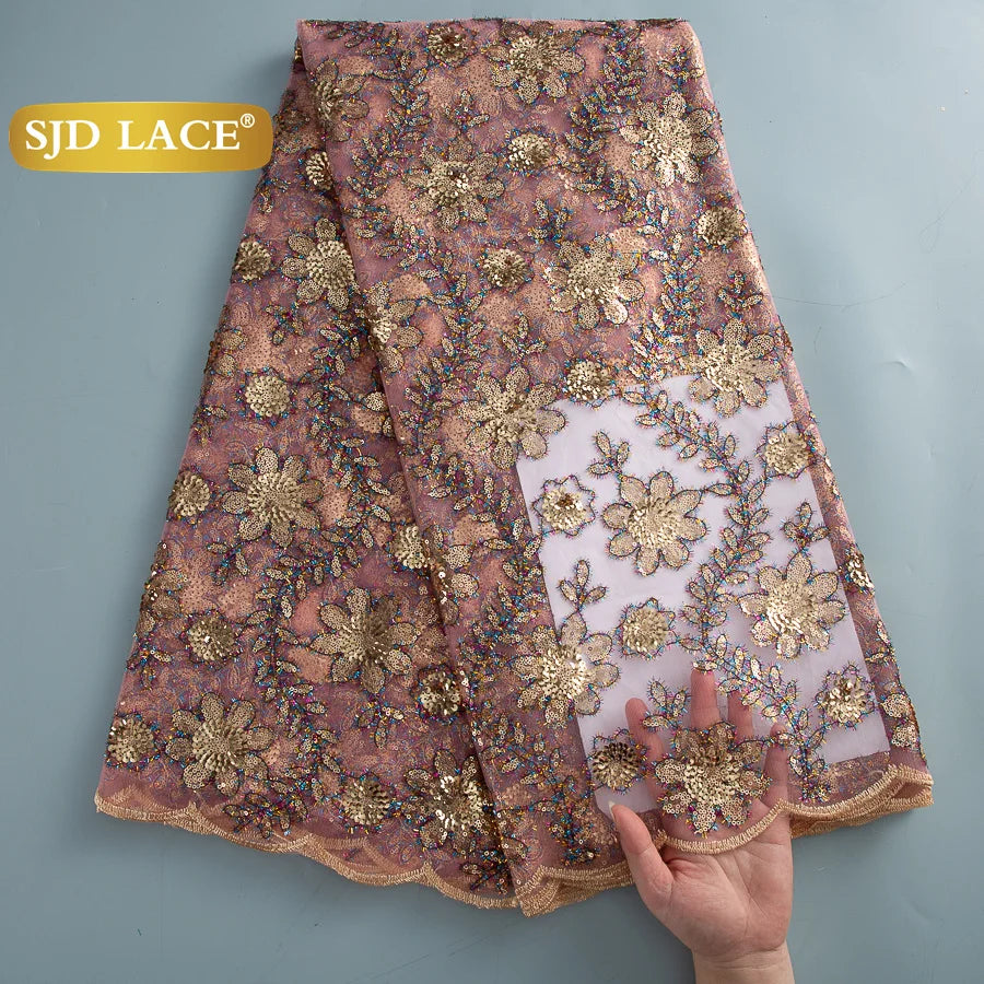 SJD LACE African Green Sequins Mesh Woman Lace Fabric High Quality 2025 Nigerian French Net Lace for Sewing Wedding Dresses 3735