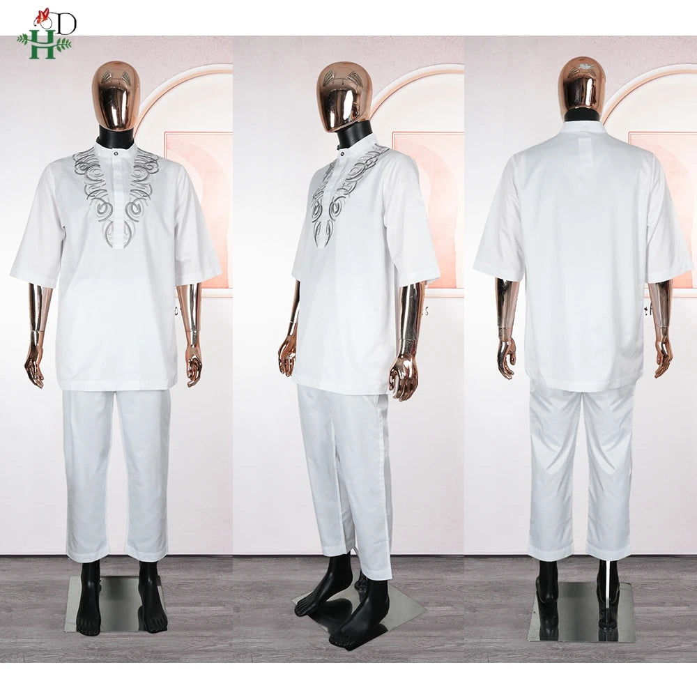 H&D African White Top And Pant 2 PCS Sets For Men Embroidery Work Wear Thobe Traditional Wedding Party Suits Plus Size Clothes