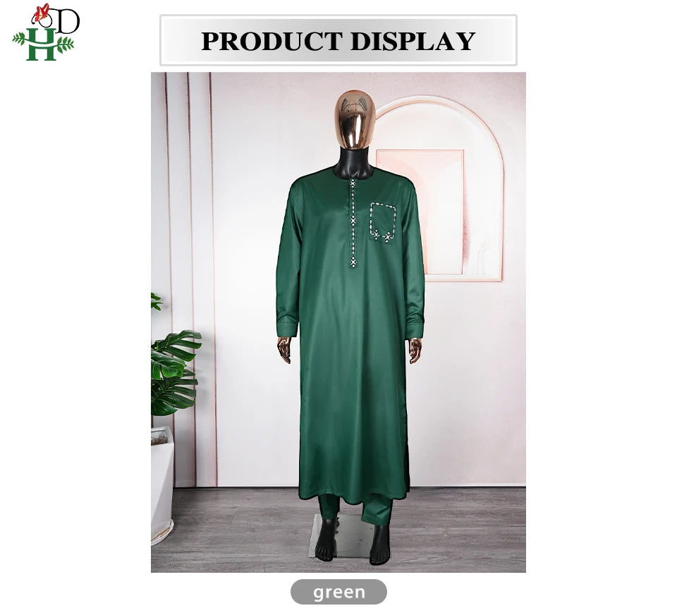 H&D 2025 African Nigerian Fashion Men Green Traditional Outfits Muslim Thobe Suit Complete Print 2 PCS Clothing Ramadan Sets