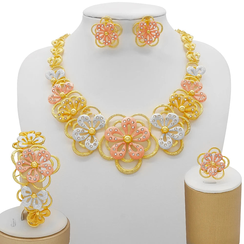 Nigeria Dubai Gold Color Fine Flowers Jewelry Sets African Wedding Gifts Party For Women Bracelet Necklace Earrings Ring Set