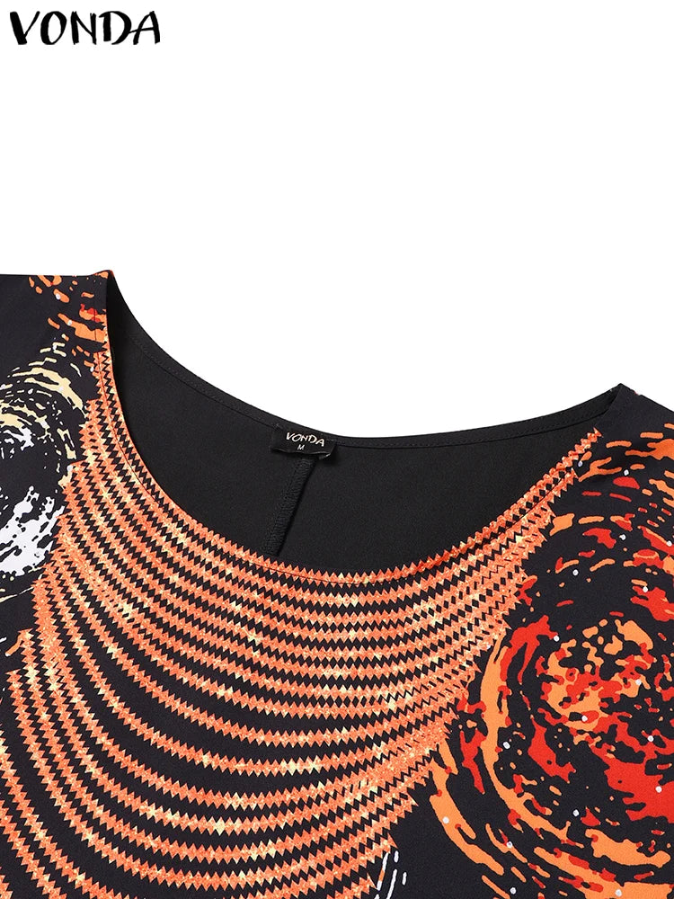 Plus Size VONDA Women Foral Printed Maxi Dress 2024 Causal Puff Sleeve Round Neck Bohemian Long Sundress Holiday Eelgant Vestido