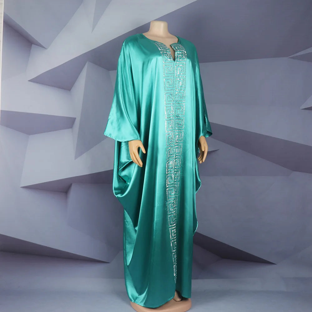 2025 High Quality African Women Plus Size Dress Bat Sleeve V Neck Robes Diamond Dashiki Maxi Dresses Muslim Femme Elegant Abayas