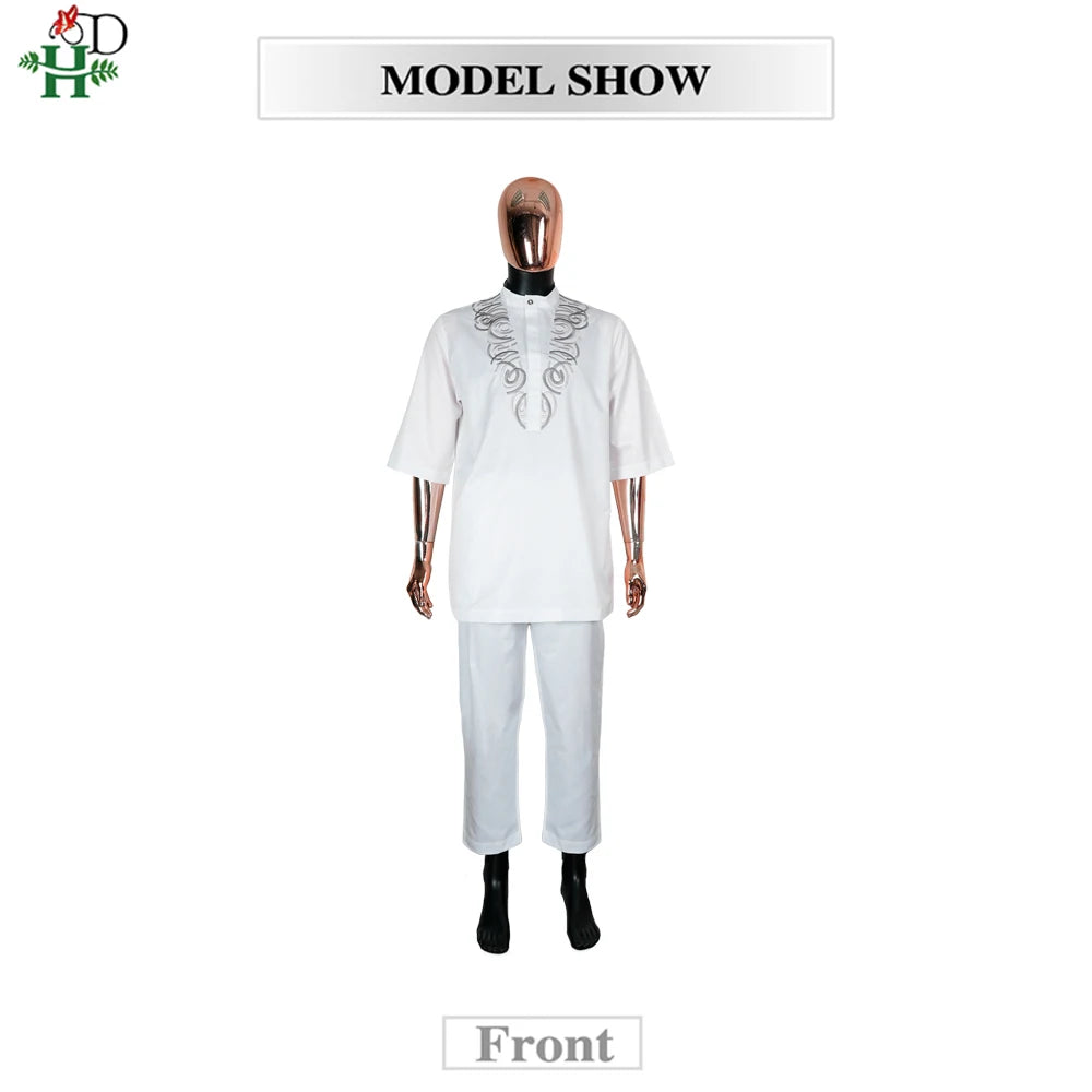 H&D African White Top And Pant 2 PCS Sets For Men Embroidery Work Wear Thobe Traditional Wedding Party Suits Plus Size Clothes