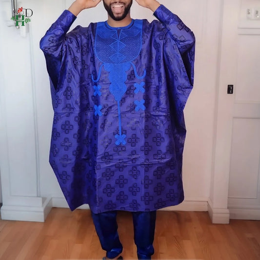 H&D African Clothing Traditional 3PCS African Outfit For Man Blue Bazin Riche Agbada Embroidered Wedding Party Robe Plus Size