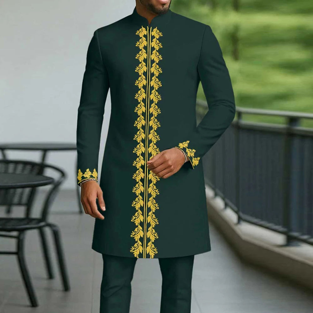 Kaftan Elegant Men's Suit Long Sleeve Ethnic Style Casual EmbroideryTop And Pants 2PCS Sets African Fashion Traditional Outfits