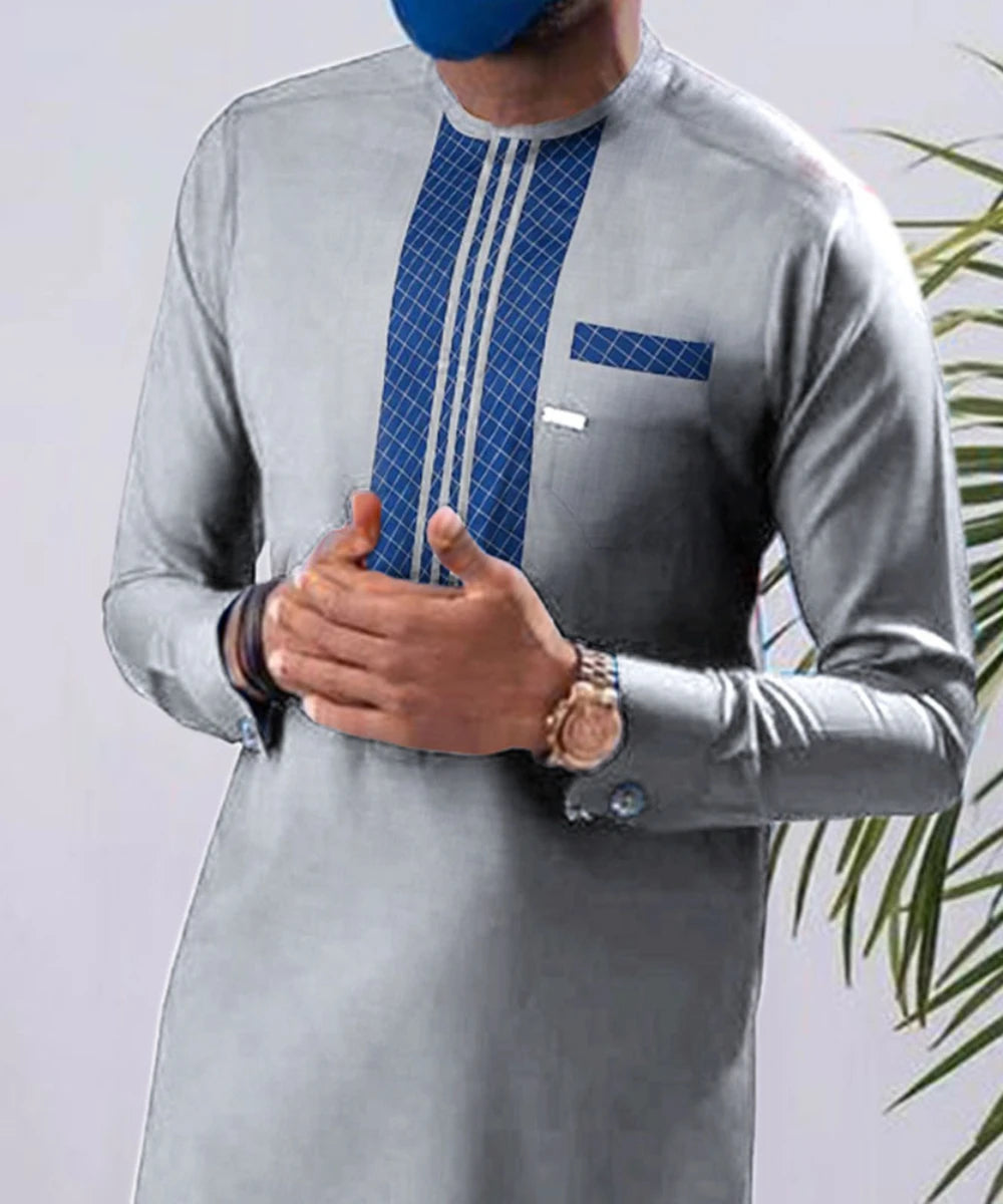 Top Men Muslim Shirt Long Sleeved Blouse Patchwork Round Collar Casual Morocco Dubai Arab Islam Summer Shirts Kaftan Hombre