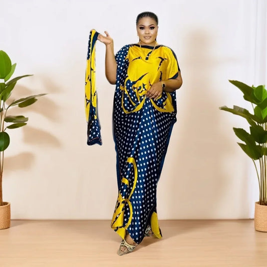 Plus Size Polka Dot Printed Kaftan Dress,Modern Round Neck Short Sleeved Maxi Dress, Women's Plus Size Clothing with A Headscarf