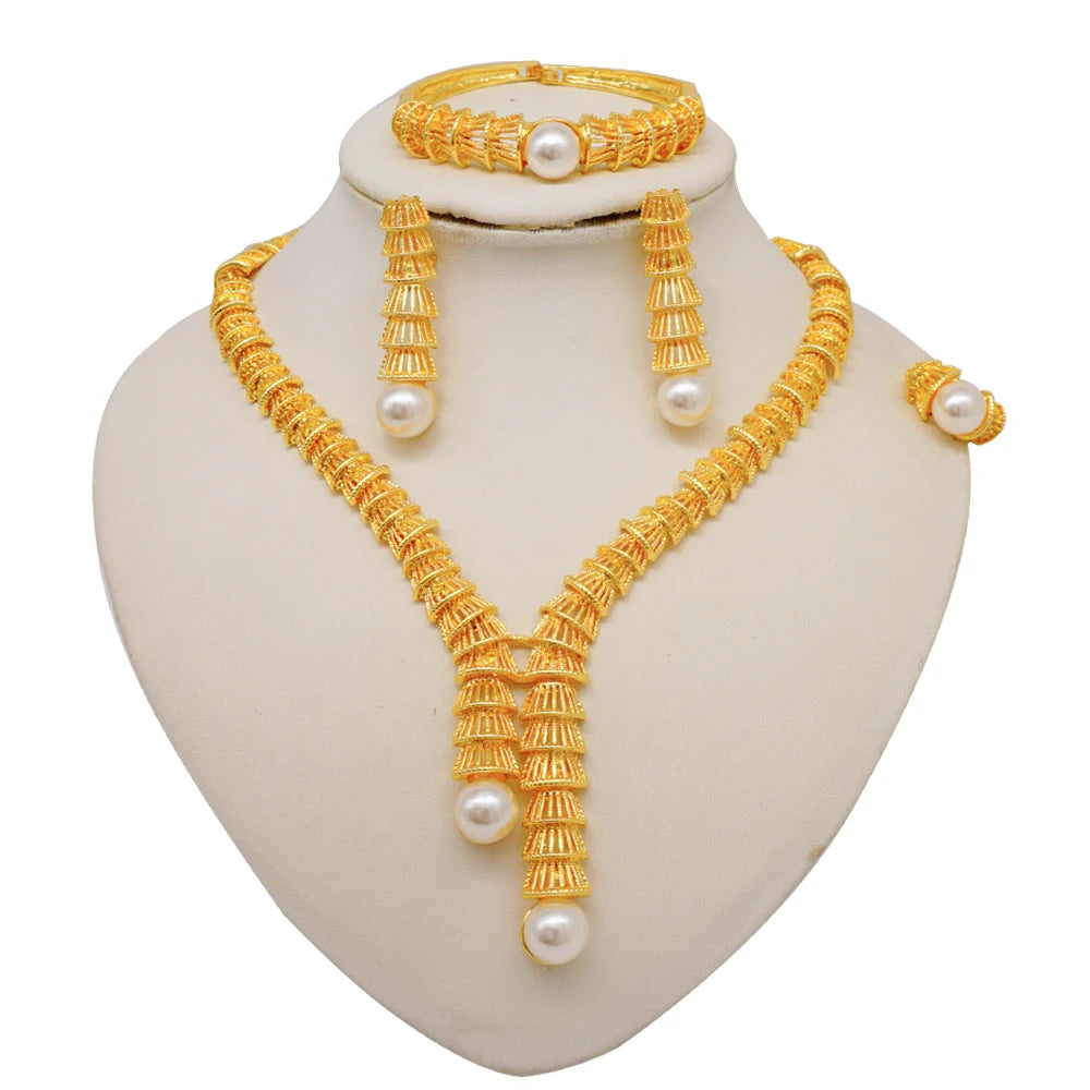 Trendy Nigerian Dubai Gold Color Jewelry Set For Women Tassel Long Chain Bridal Long Necklace Bracelet Earring Ring Wedding Sets