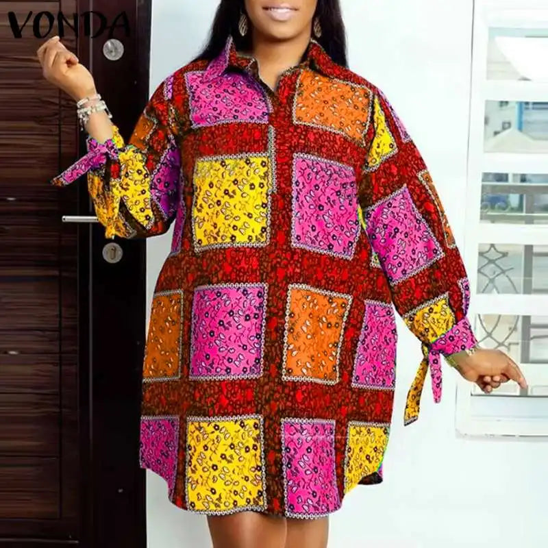 VONDA Plus Size 5XL Women Autumn Long Sleeve Printed Dress 2025 Bohemian Party Sundress Vintage A-Line Vestidos Loose Robe