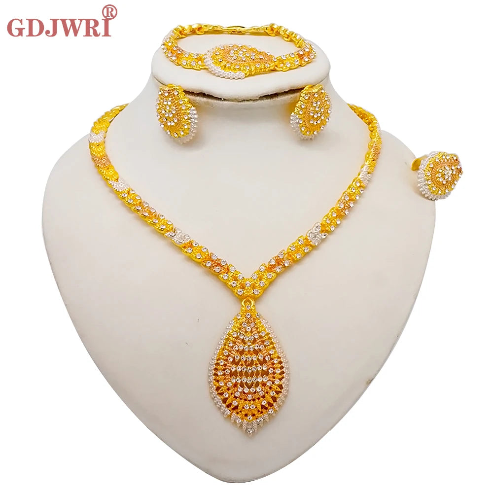 Nigeria Dubai Gold Color Fine Flowers Jewelry Sets African Wedding Gifts Party For Women Bracelet Necklace Earrings Ring Set