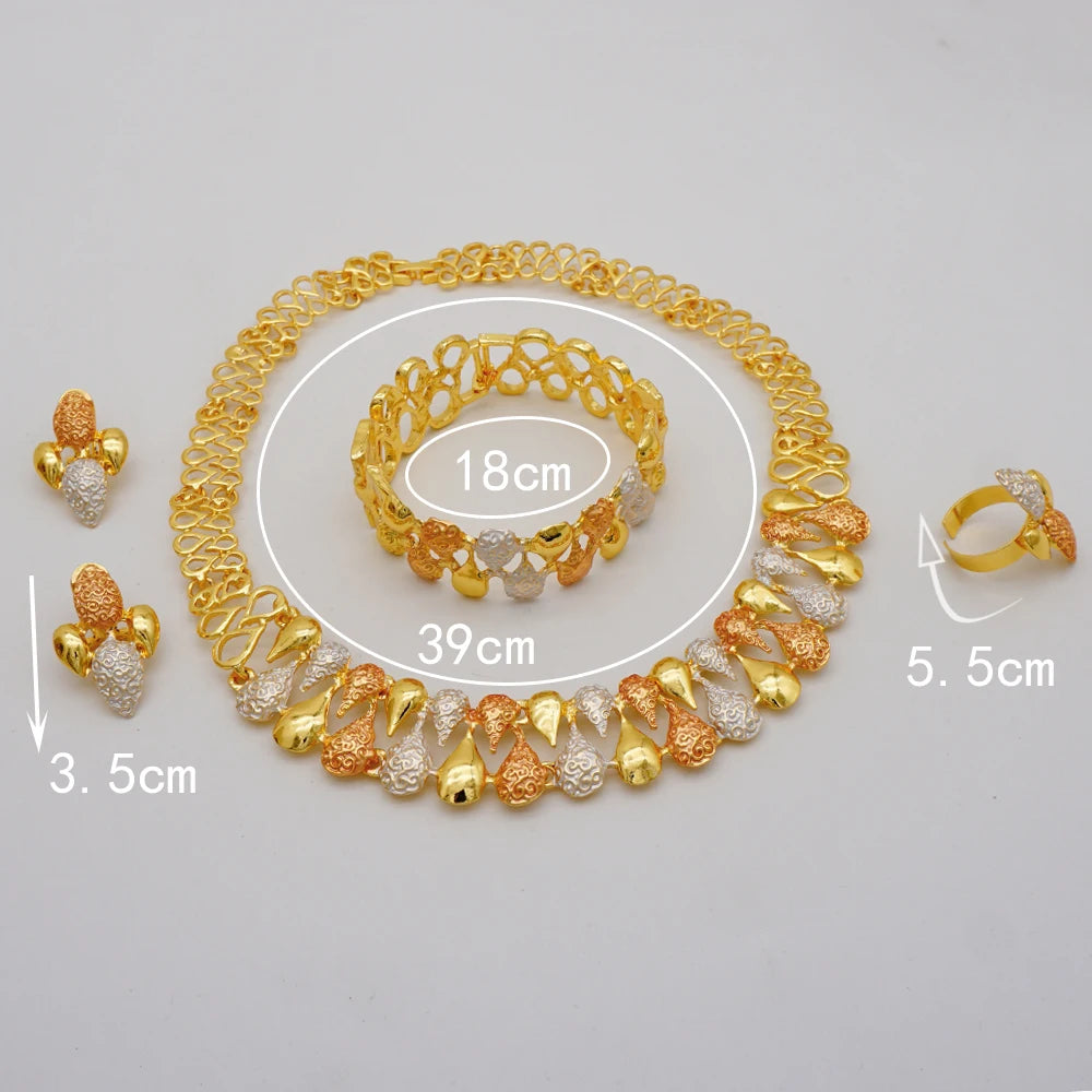 Nigeria Dubai Gold Color Fine Flowers Jewelry Sets African Wedding Gifts Party For Women Bracelet Necklace Earrings Ring Set