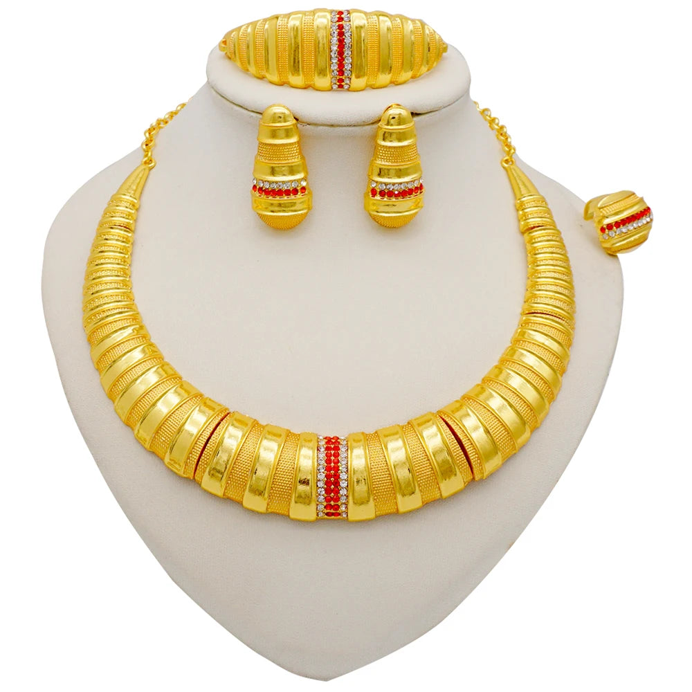 Necklace Sets For Women Dubai African Gold Color Jewelry Set Bride Earrings Rings Indian Nigerian Wedding Jewelery Set Gift