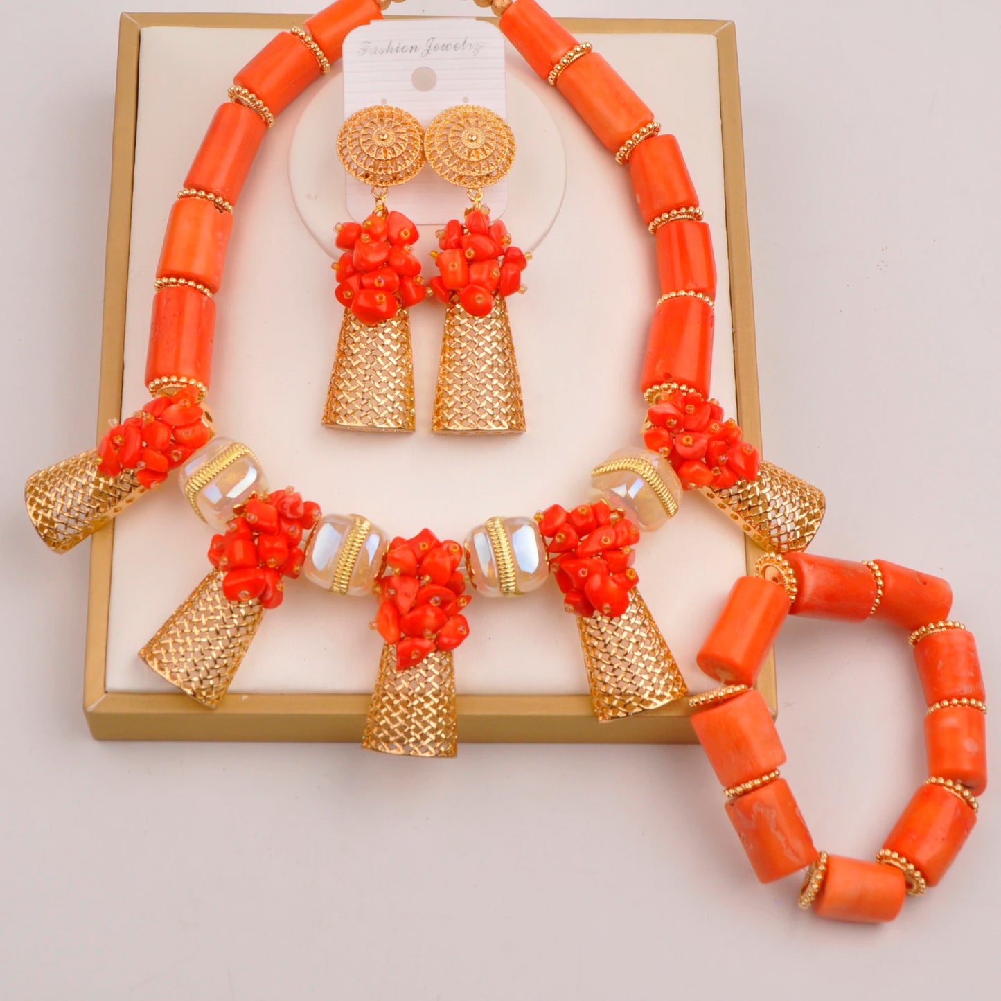 Orange Nigerian Artificial Coral Bead Necklace African Jewelry Sets