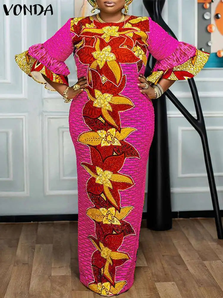 VONDA 2024 Fashion Women Elegant Maxi Dress Vintage Printed 3/4 Flare Sleeve Sundress Party Long Dress Casual Vestido Loose Robe