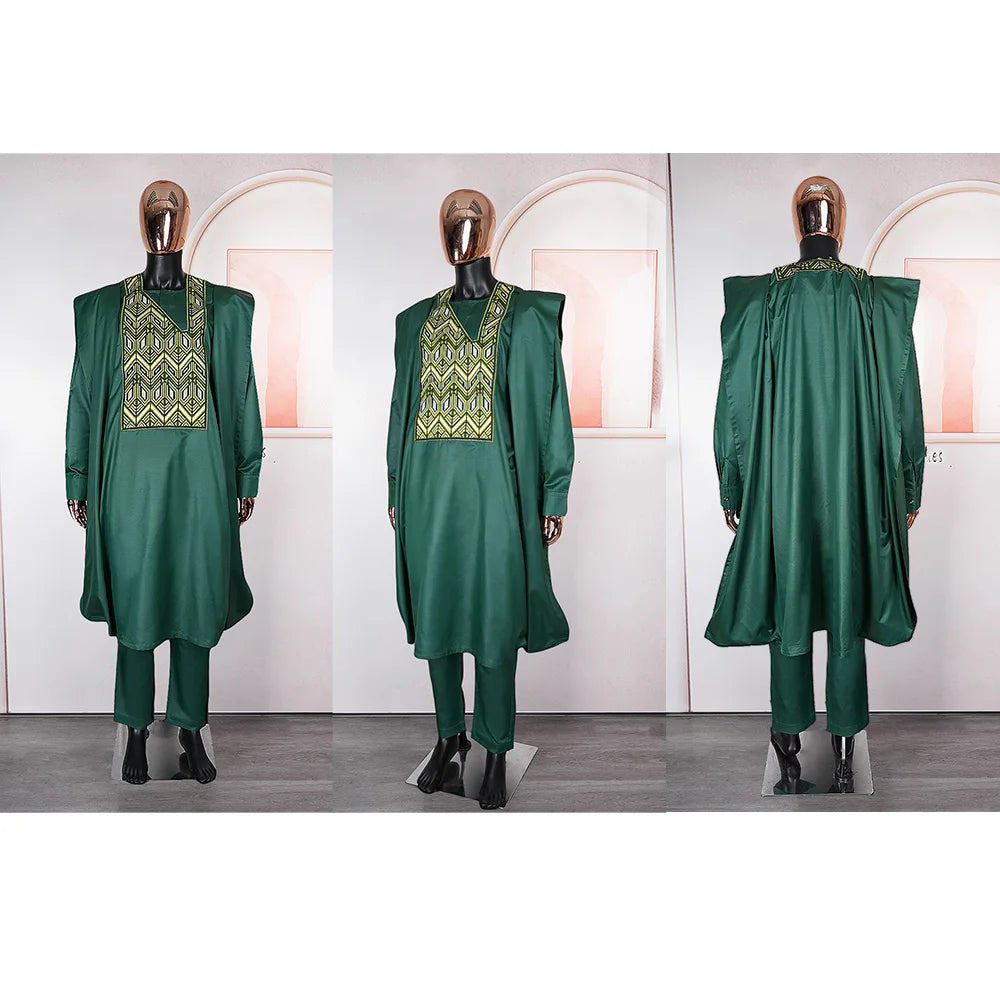 H&D African Clothes for Men Traditional Wear Formal Bazin Riche Dashiki Outfits Green Shirt Pants Robe Suit African Men Agbada