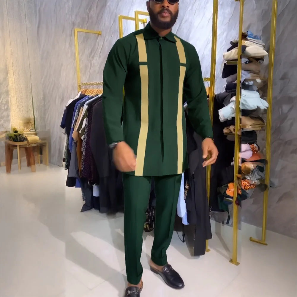 Dashiki Men Clothing 2 Pieces Long Sleeve Outfit African Clothes For Men Solid Color Casual Riche Shirt Pant Full Men‘s Suits