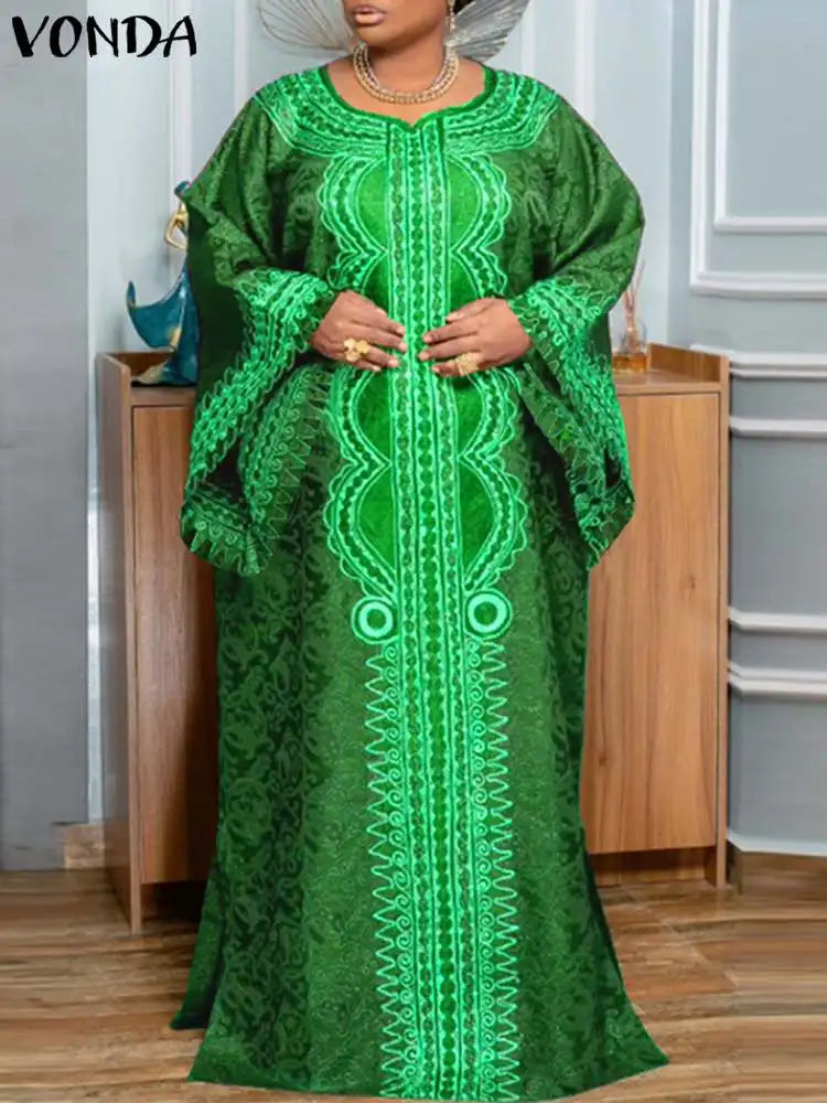 Plus Size VONDA Women Bohemian Long Maxi Dress Long Flare Sleeve Autumn Printed Vestidos Vintage Casual Loose Oversized Sundress