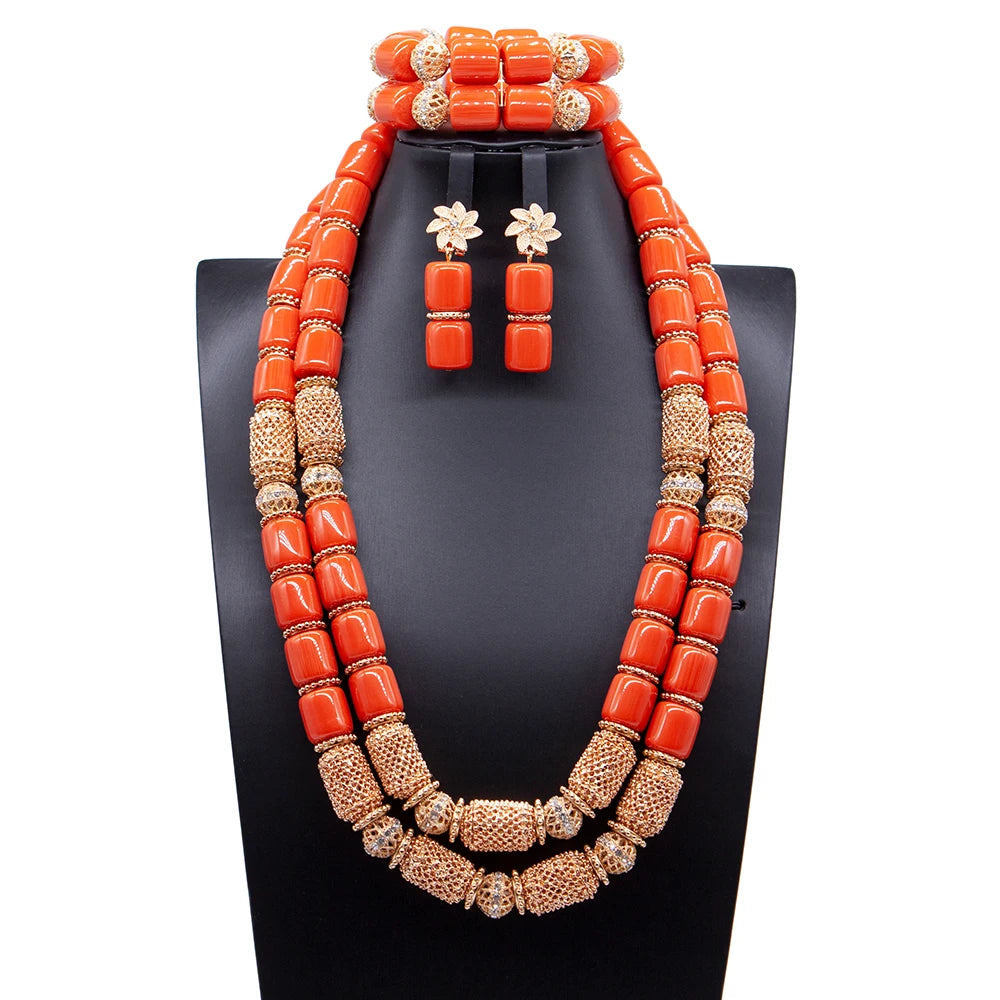 Long Fashion Wedding Beads Necklace White Artificial Coral Bridal Jewelry Sets African Beads Jewelry Set  ABK261