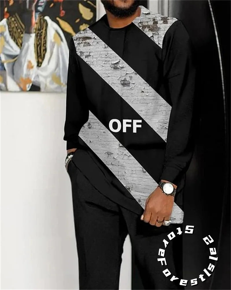 Men Tracskuit Set 2-piece Striped 3D Printed Casual Walking Suit Fashion Streetwear Long Sleeve T-Shirt Trousers Outfits