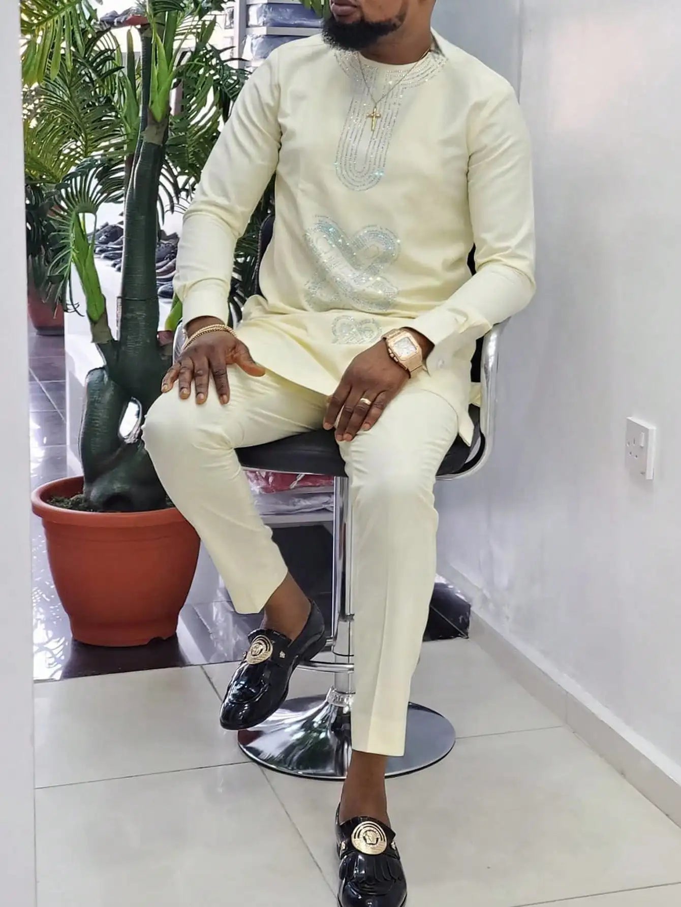 Kaftan Elegant Men's Suit Long Sleeve Ethnic Style Casual EmbroideryTop And Pants 2PCS Sets African Fashion Traditional Outfits