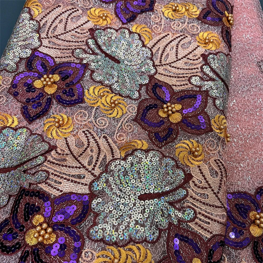 Nigerian Tulle Lace Fabric with Sequins Embroidery, High Quality, African Sewing, Guipure Net Cloth, Prom Dresses, 5Yards