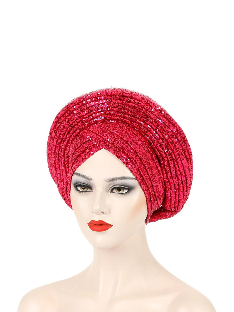 African Already Made Hat Auto Gele Women Hijab Headtie Nigeria Wedding Party Gele Female Head Wraps Headpiece Sequin Turban Caps