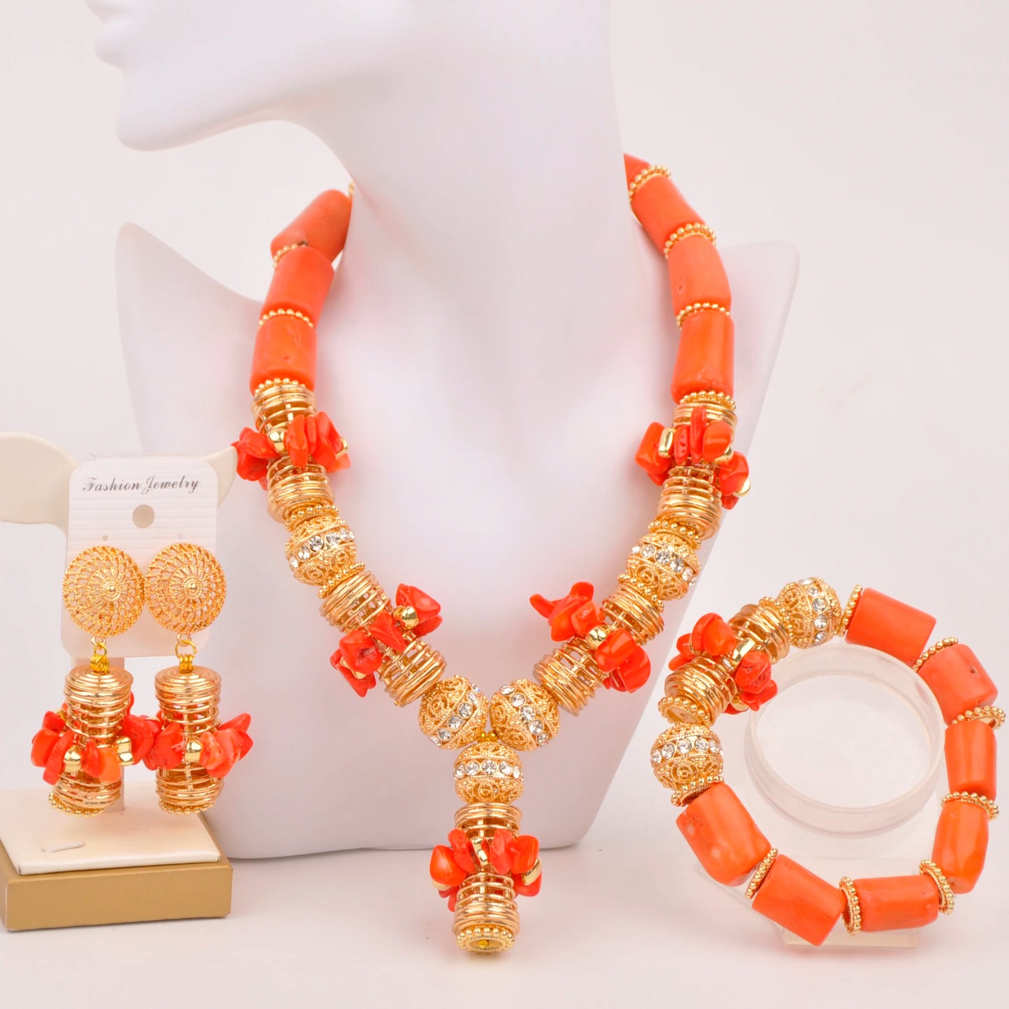 Orange Nigerian Artificial Coral Bead Necklace African Jewelry Sets