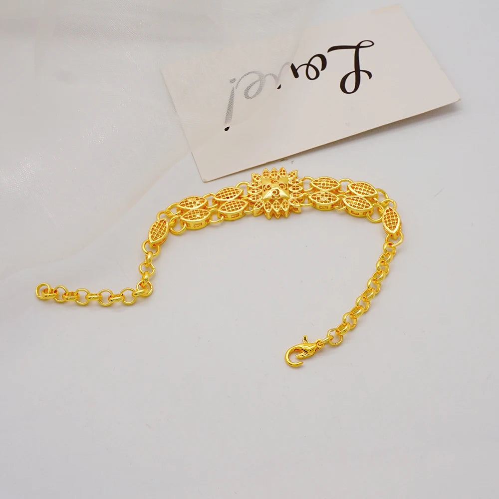 Dubai Gold Color Jewelry Set For Woman Bridal Nigerian African Long Chain Necklace Earrings Bracelet Ring Jewellery Set