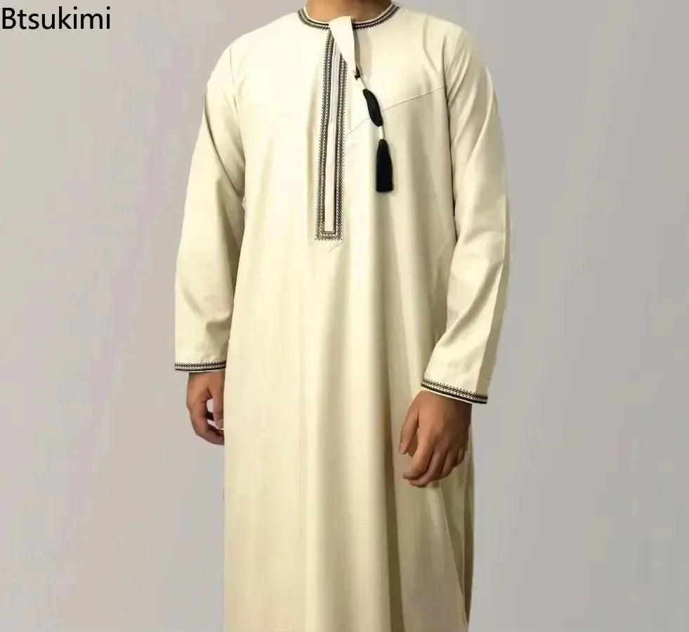 New Men's Muslim Fashion Abayas Dress O Neck Long Sleeve Pullover Kaftan Pakistan Saudi Arab Caftan Islamic Clothing Prayer Robe