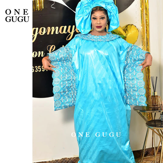Sky Blue African Bazin Rich Dress Original Nigerian Basin BouBou Dashiki For Ankara Party Wedding Bride Robe Guipure Sewn Dress