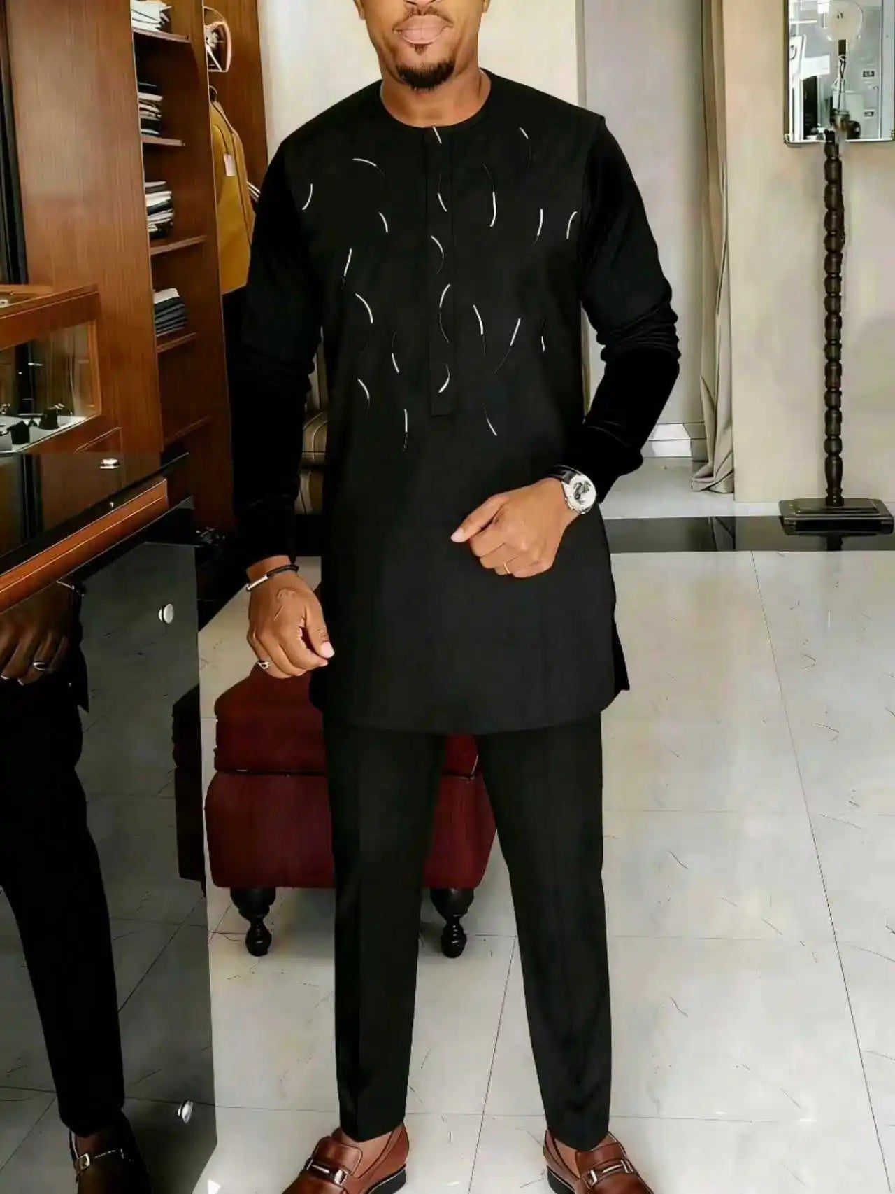 Mans Tracksuits Suits Set Kaftan Embroidered Long Sleeve Tops Pants 2Pcs Set Outfits Wedding Wear African Ethnic Casual Clothing