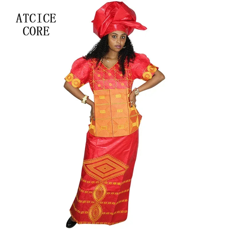 African Dresses For Woman Bazin Riche Embroidery Design Big Size Top Wrapper Scarf