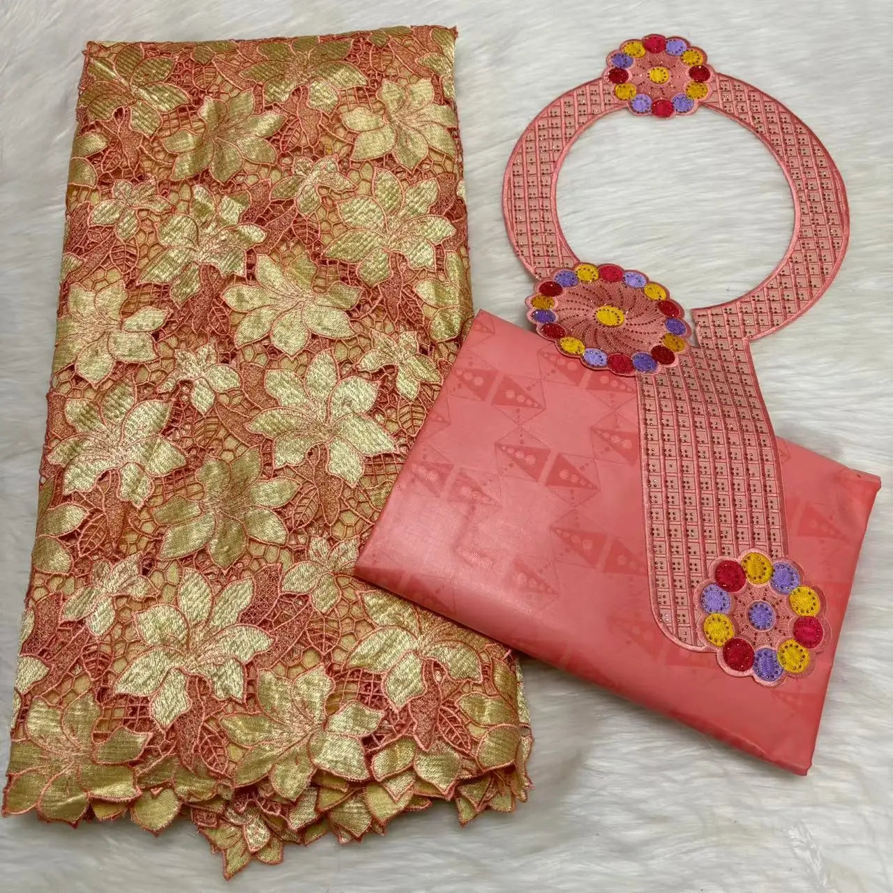 2024 High Quality 2.5yards Bazin Riche Brocade Fabric +2.5 Yards African Cotton Lace Fabric with Collar Set for Dress  M4-1212-1