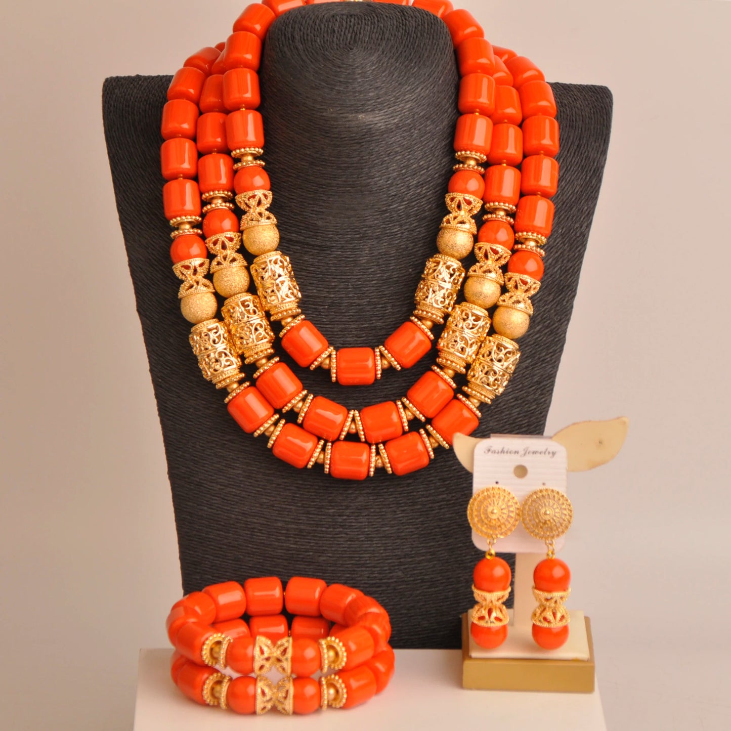 African Wedding Couple Set Orange Artificial Coral Beads Jewelry Set