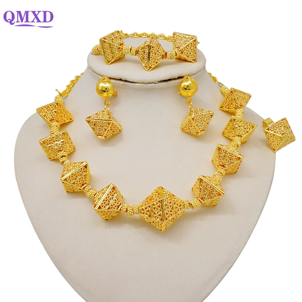 Trendy Nigerian Dubai Gold Color Jewelry Set For Women Tassel Long Chain Bridal Long Necklace Bracelet Earring Ring Wedding Sets