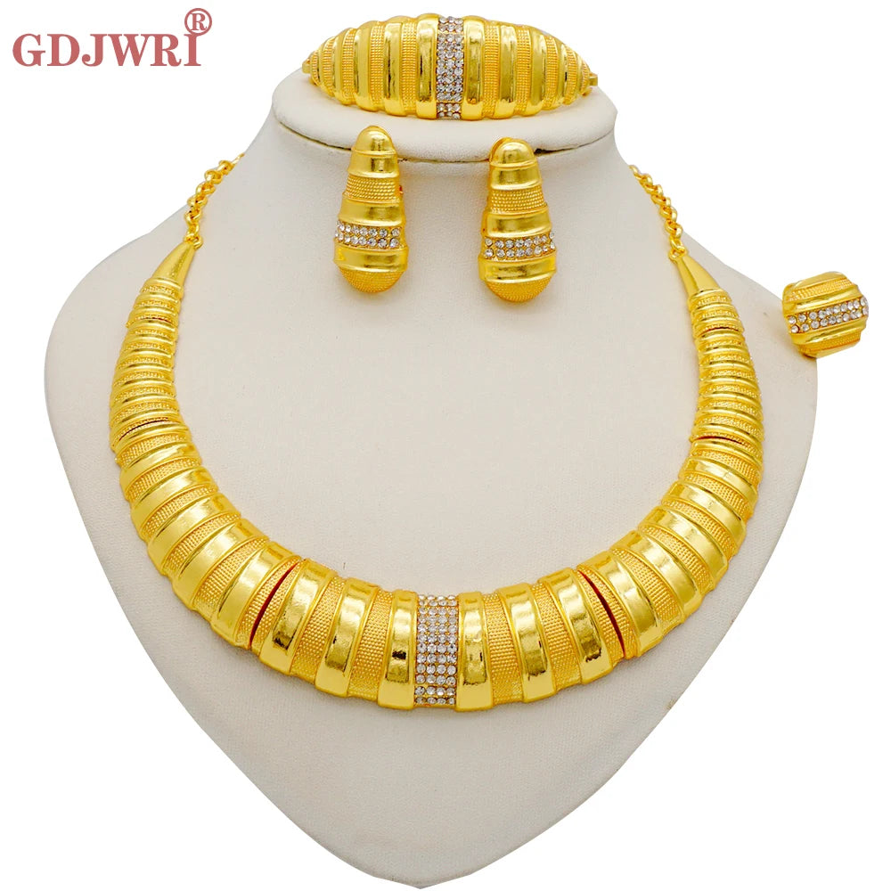 Necklace Sets For Women Dubai African Gold Color Jewelry Set Bride Earrings Rings Indian Nigerian Wedding Jewelery Set Gift