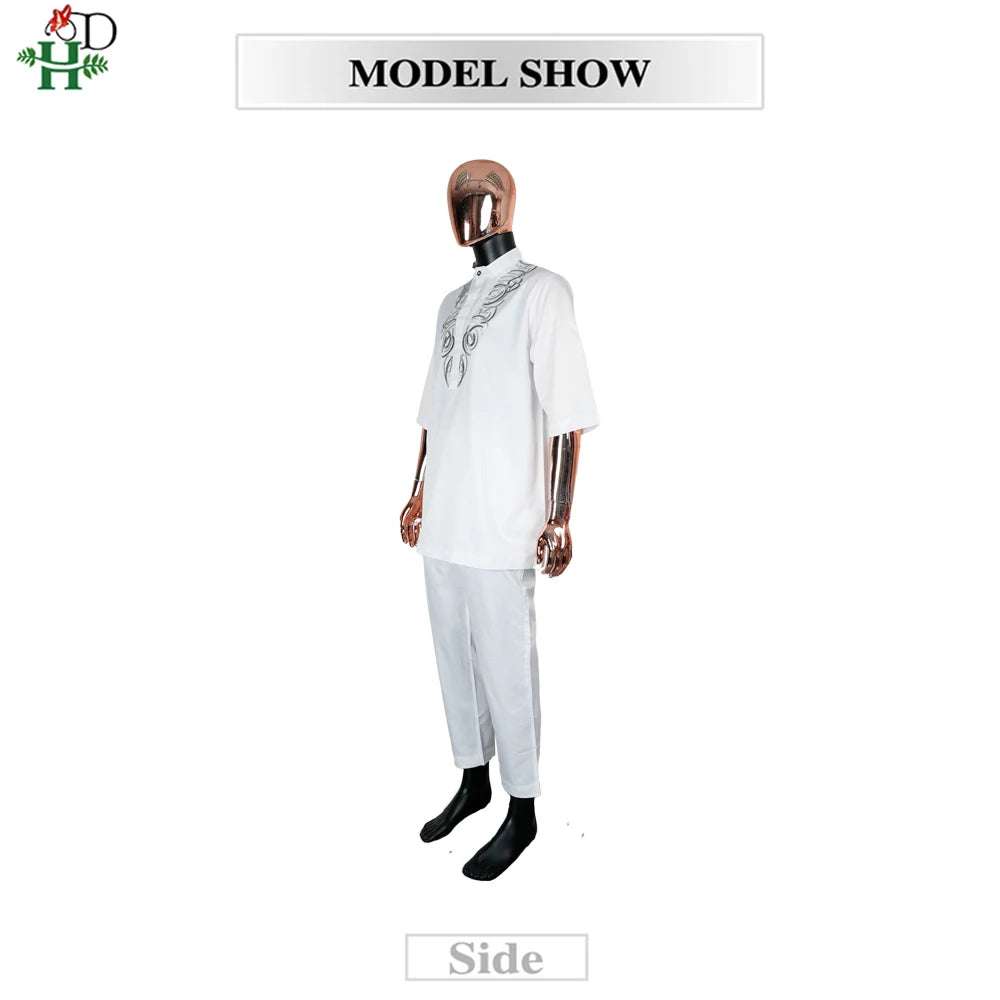 H&D African White Top And Pant 2 PCS Sets For Men Embroidery Work Wear Thobe Traditional Wedding Party Suits Plus Size Clothes