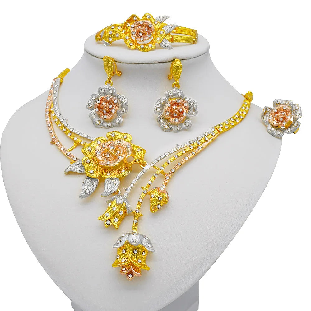 Nigeria Dubai Gold Color Fine Flowers Jewelry Sets African Wedding Gifts Party For Women Bracelet Necklace Earrings Ring Set