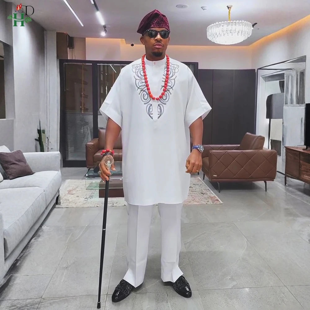 H&D African White Top And Pant 2 PCS Sets For Men Embroidery Work Wear Thobe Traditional Wedding Party Suits Plus Size Clothes
