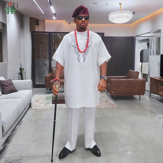H&D African White Top And Pant 2 PCS Sets For Men Embroidery Work Wear Thobe Traditional Wedding Party Suits Plus Size Clothes