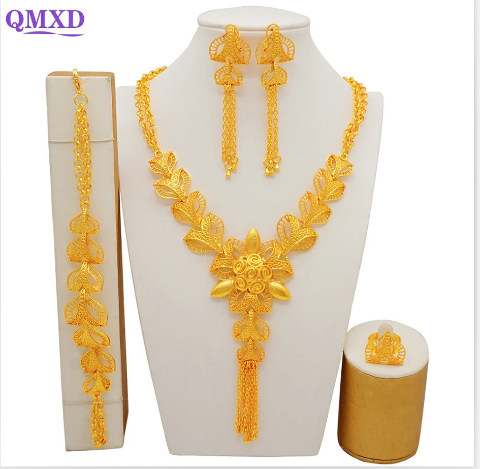 Trendy Nigerian Dubai Gold Color Jewelry Set For Women Tassel Long Chain Bridal Long Necklace Bracelet Earring Ring Wedding Sets