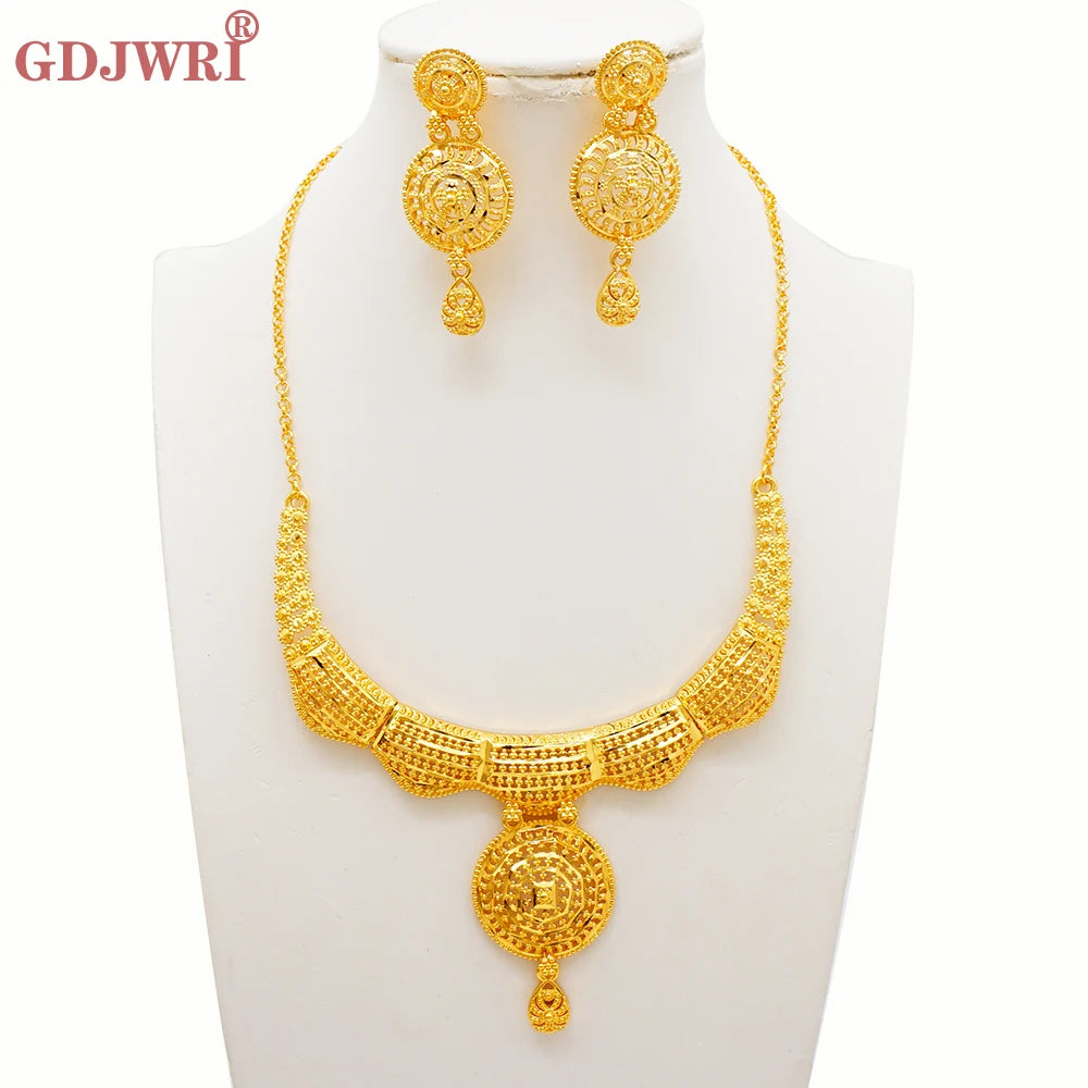 Luxury Indian Jewellery Earrings Necklace Jewelry Sets For Women Dubai Gold Color African Arabic Wedding Bridal  Party Gifts