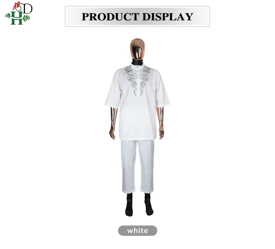 H&D African White Top And Pant 2 PCS Sets For Men Embroidery Work Wear Thobe Traditional Wedding Party Suits Plus Size Clothes