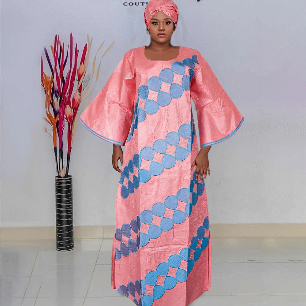 H&D New African Dresses For Women Embroidery Bazin Floral Dresses Ankara Rich Long Robes Nigeria Party Wedding Ramadan