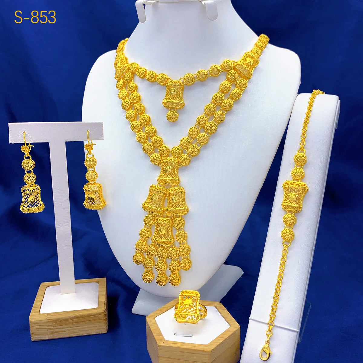 Luxury Dubai 24K Gold Color Two layer Necklace Jewelry Set For Women Bridal Nigerian Indian African Wedding Party Gift