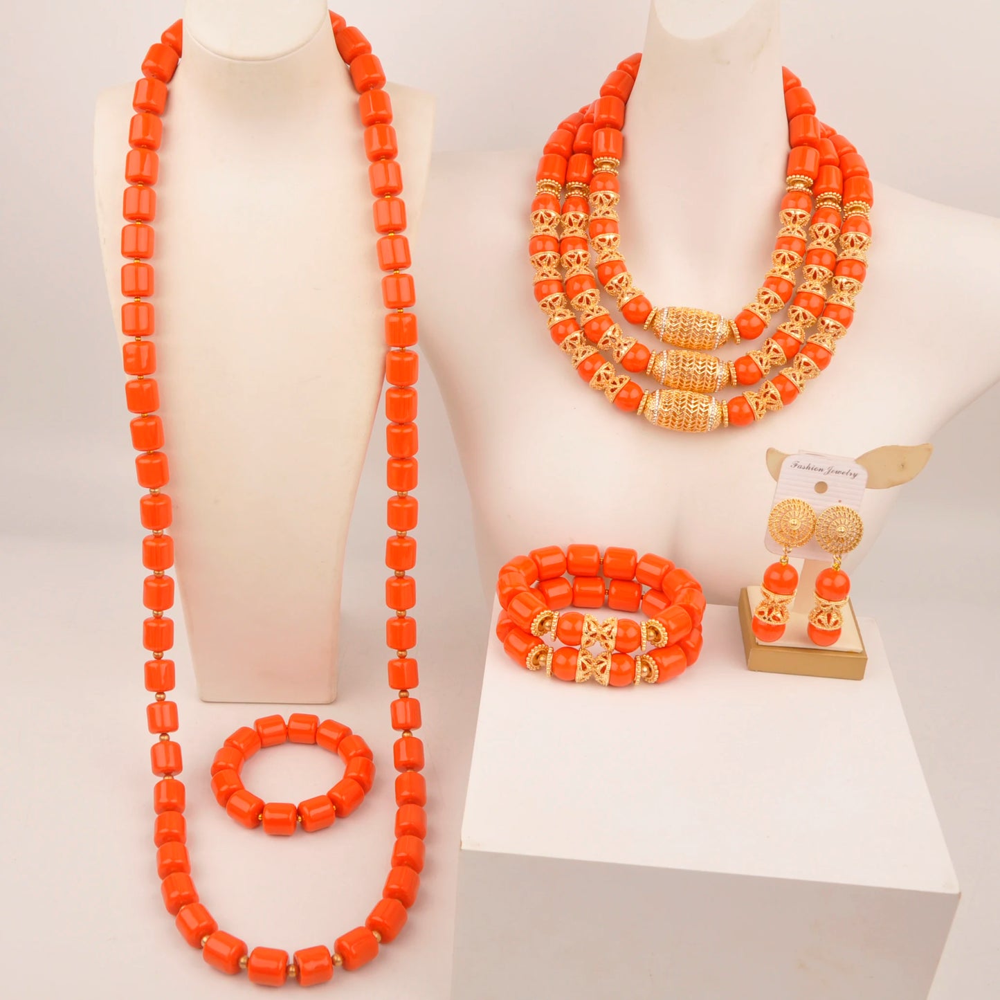 Orange Nigerian Artificial Coral Bead Necklace African Jewelry Sets