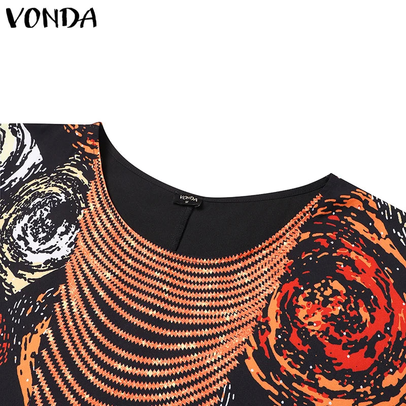 Plus Size VONDA Women Foral Printed Maxi Dress 2024 Causal Puff Sleeve Round Neck Bohemian Long Sundress Holiday Eelgant Vestido