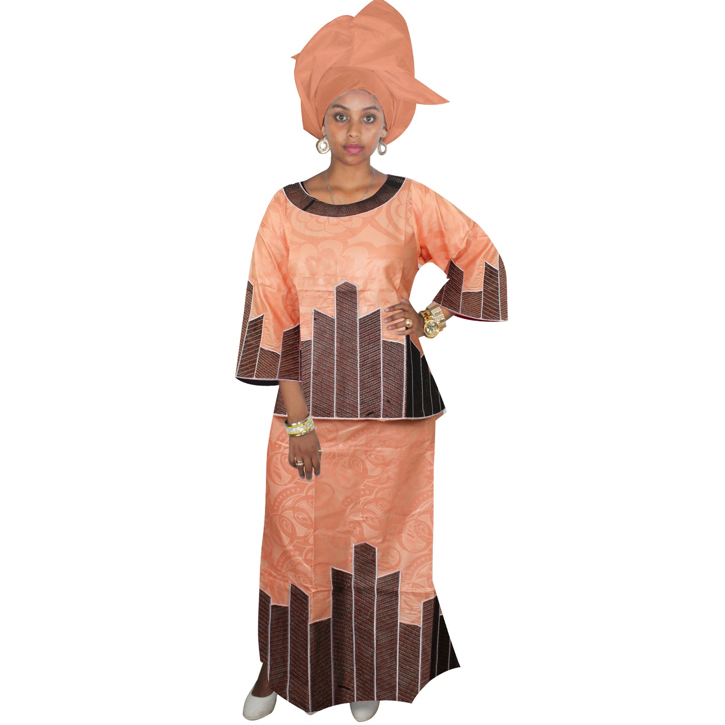 African Dresses For Women 3/4 Sleeve Top With Wrapper And Scarf 3pieces One Set 2 Size Smaller Than Us Size